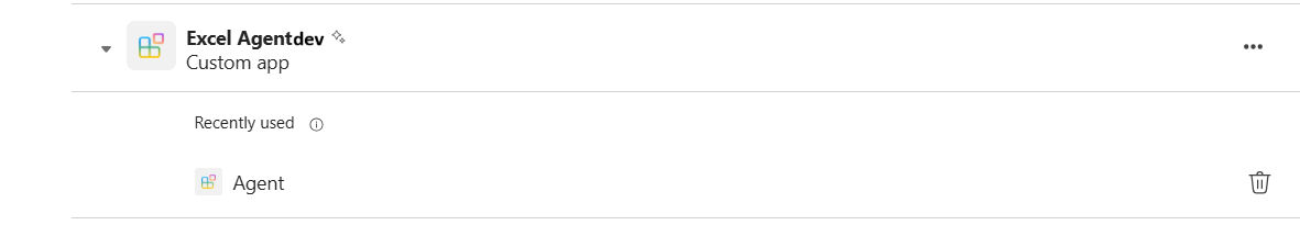 A screenshot of the row for the Excel Agent app in the Teams apps page. There's a trash can icon on the right end of the row.