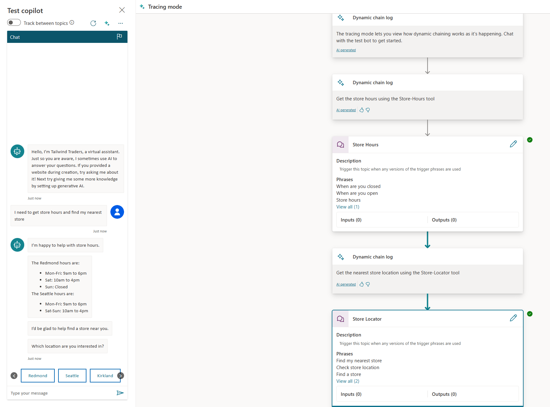 Screenshot of example 2, showing two topics that are chained together on the conversation map.