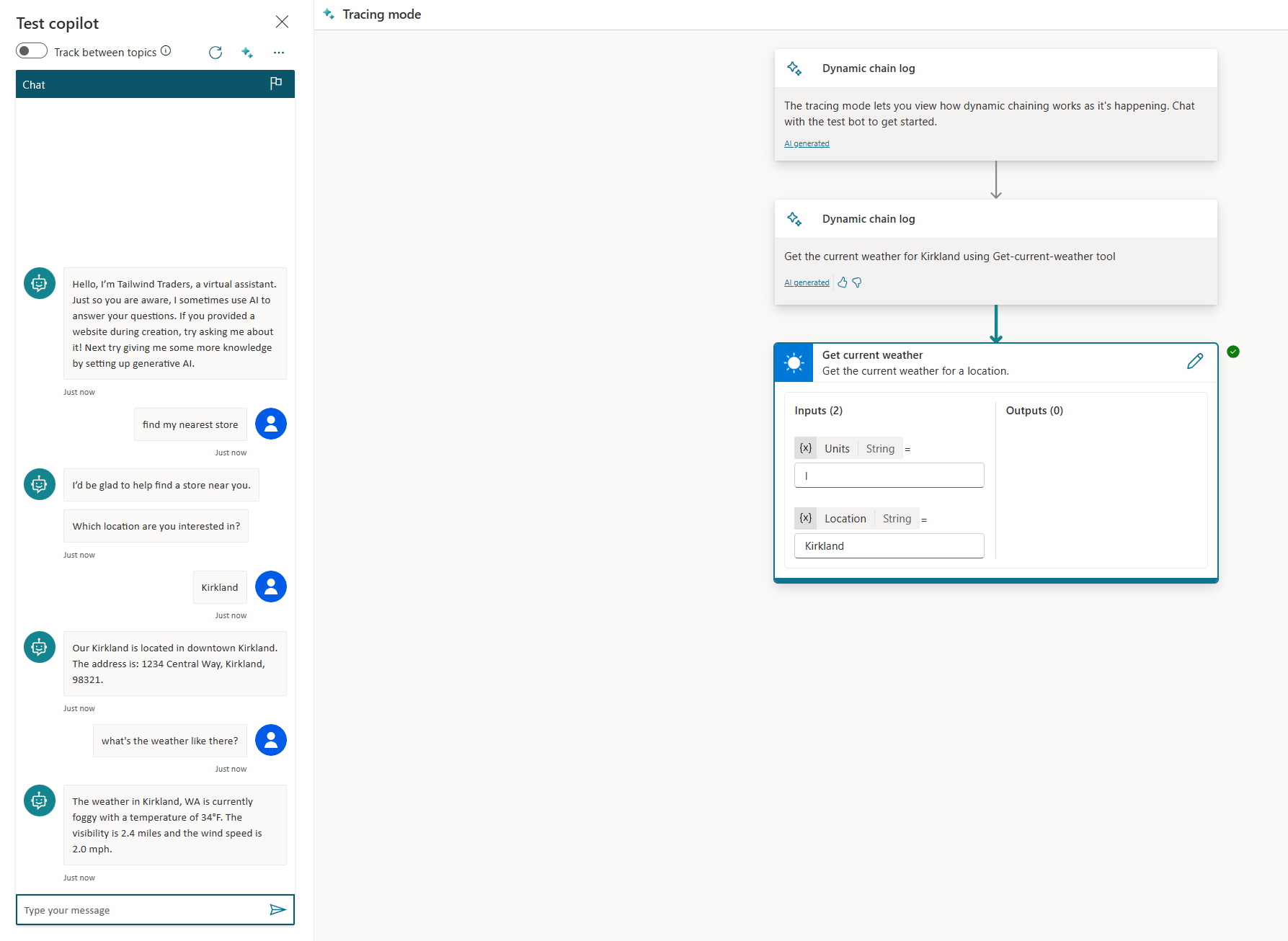 Screenshot of example 3, showing the conversation history and the weather action on the conversation map.