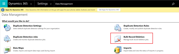 Screenshot of the Data Management page, with the Bulk Record Deletion option highlighted.