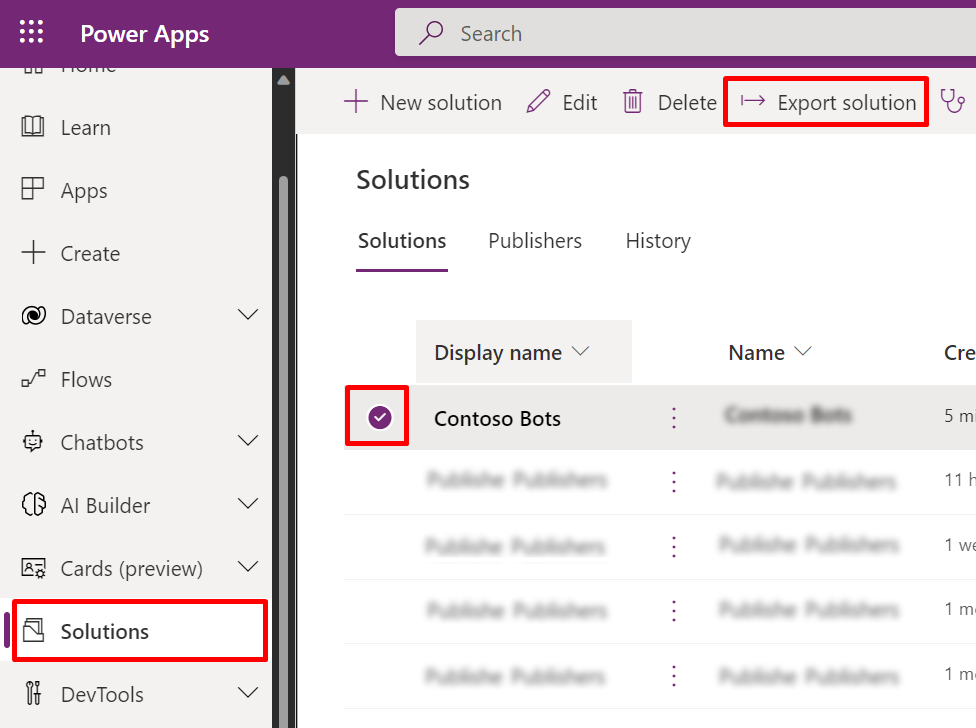 Screenshot of the Export solution button in Power Apps.