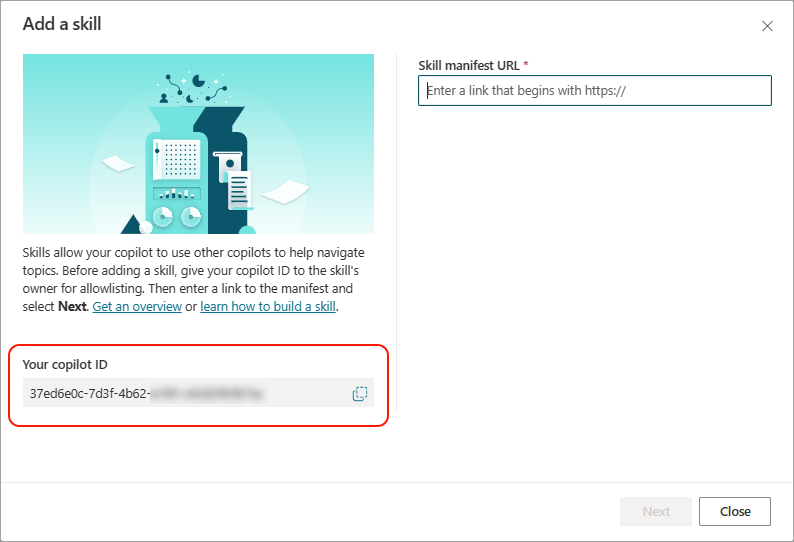 Screenshot highlighting the copilot ID on the side of the Add a skill window.