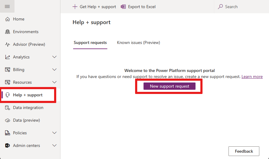 Screenshot showing how to submit a new request to Microsoft support.