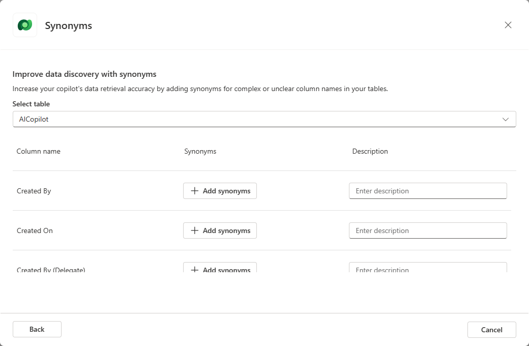 Screenshot of the Add Dataverse dialog, displaying the Synonym window.