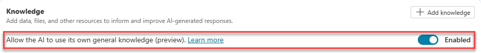 Screenshot of the Overview page highlighting the Knowledge section, with the Allow the AI to use its own general knowledge setting enabled.