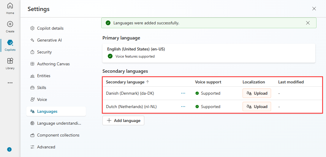 Screen showing all languages added to the copilot.