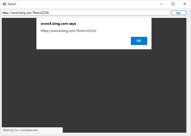 The updated Address bar URL initially is displayed in an alert box
