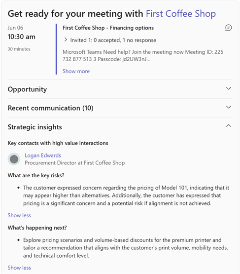 Screenshot of strategic insights in the meeting preparation card.