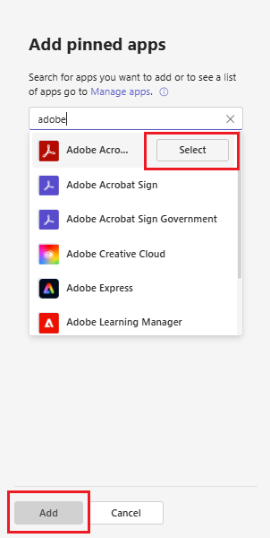 Screenshot that shows how to Add Acrobat app for all users.