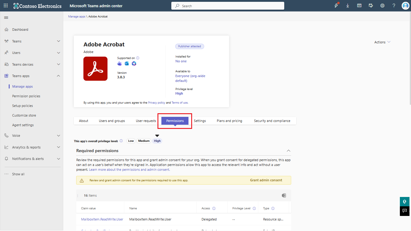 Screenshot of app permission in Teams admin center.