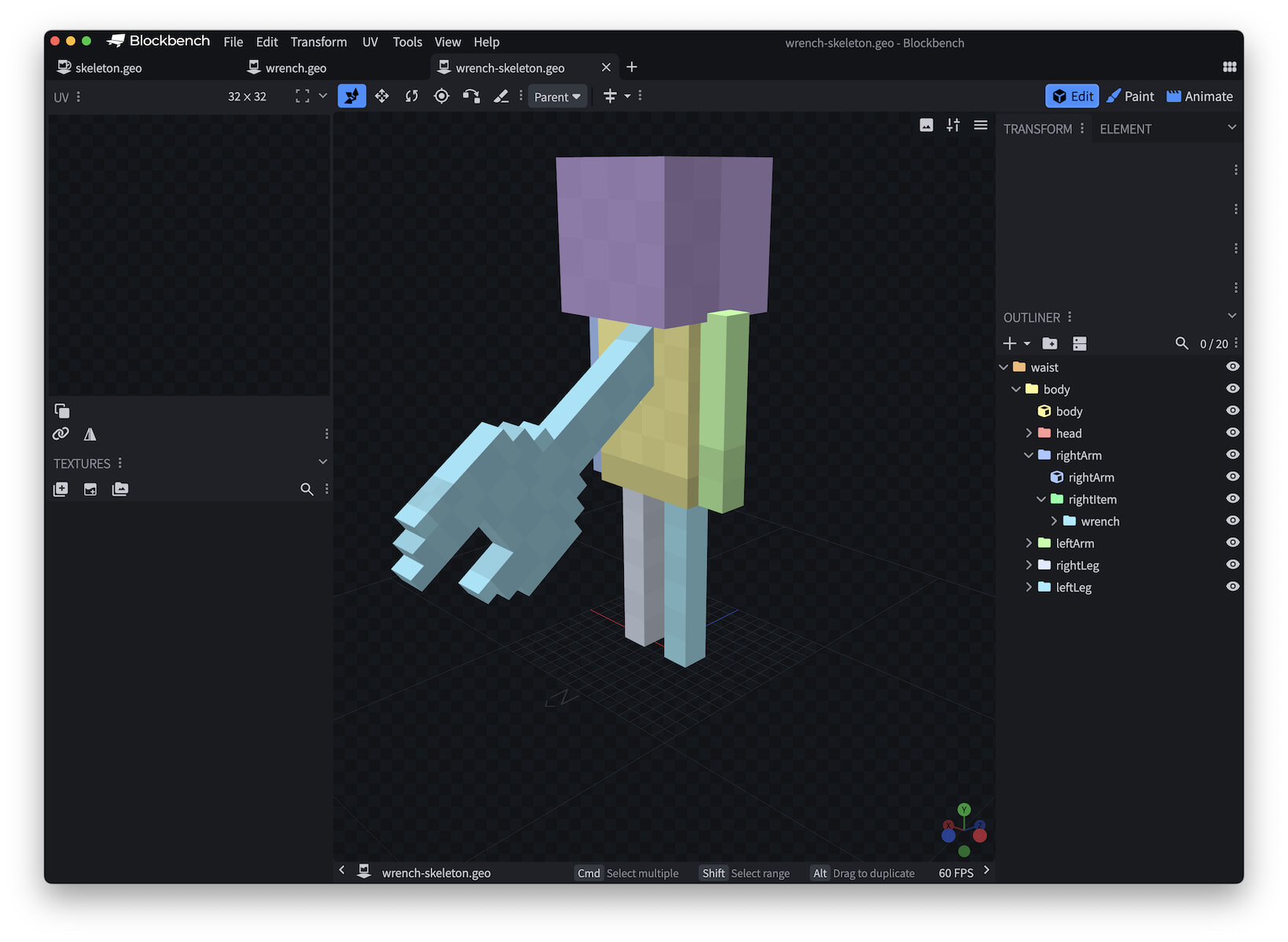 The combined wrench and skeleton model in Blockbench