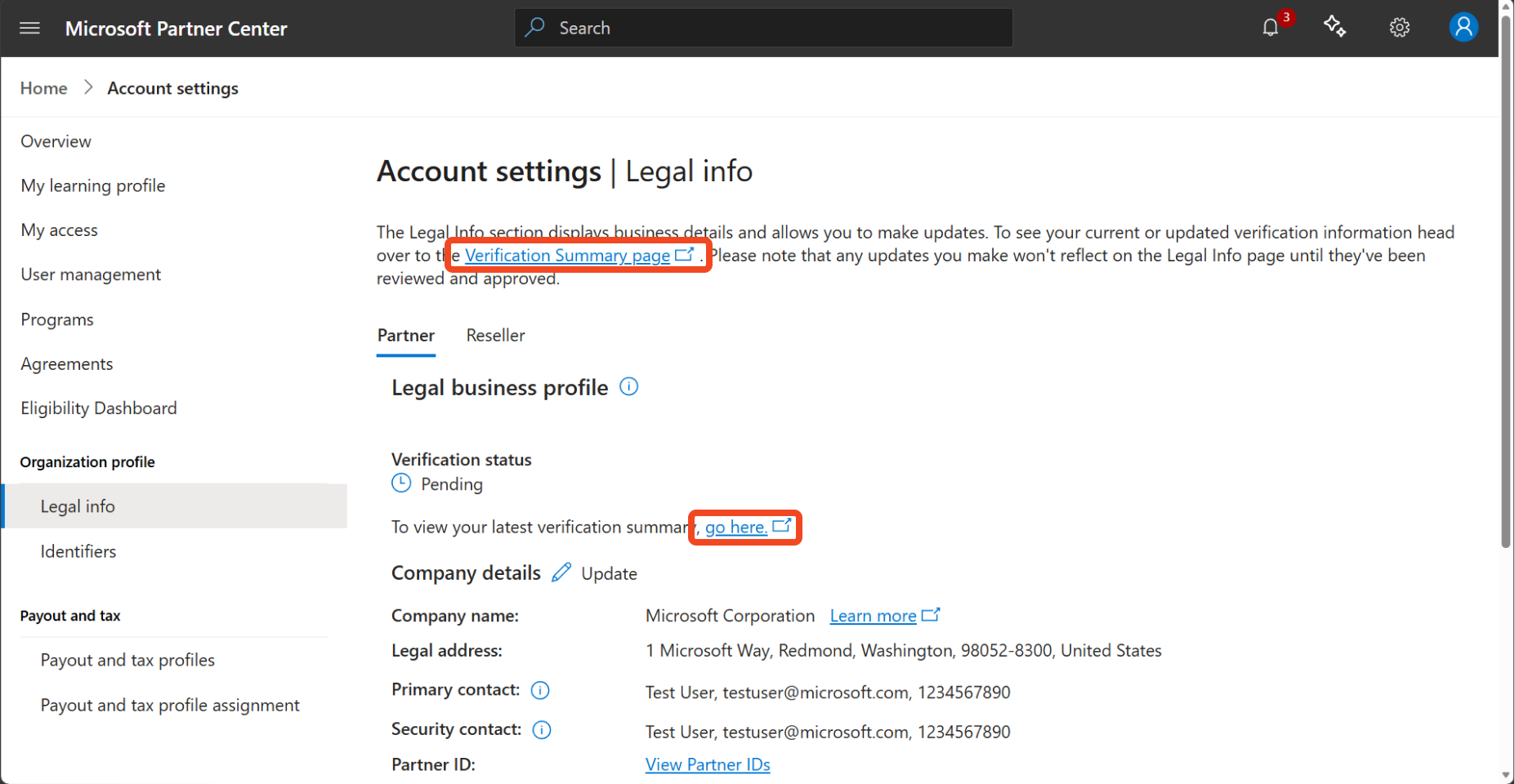 Screenshot showing the Verification Summary link on the Legal info page.