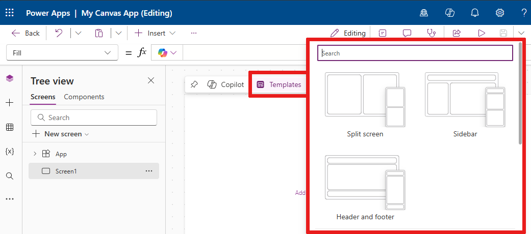 Use inline actions to select a screen template