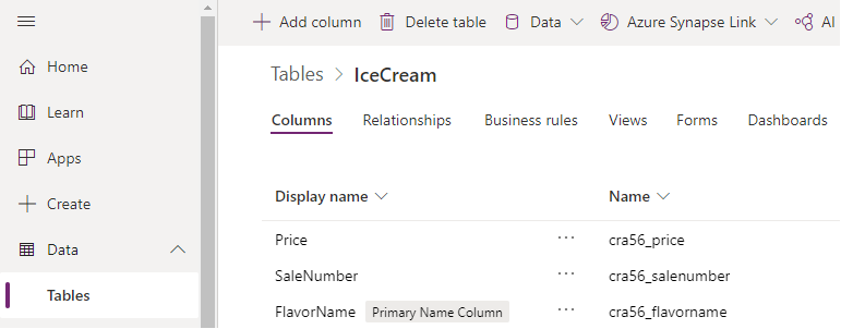 Schema of IceCreams table.