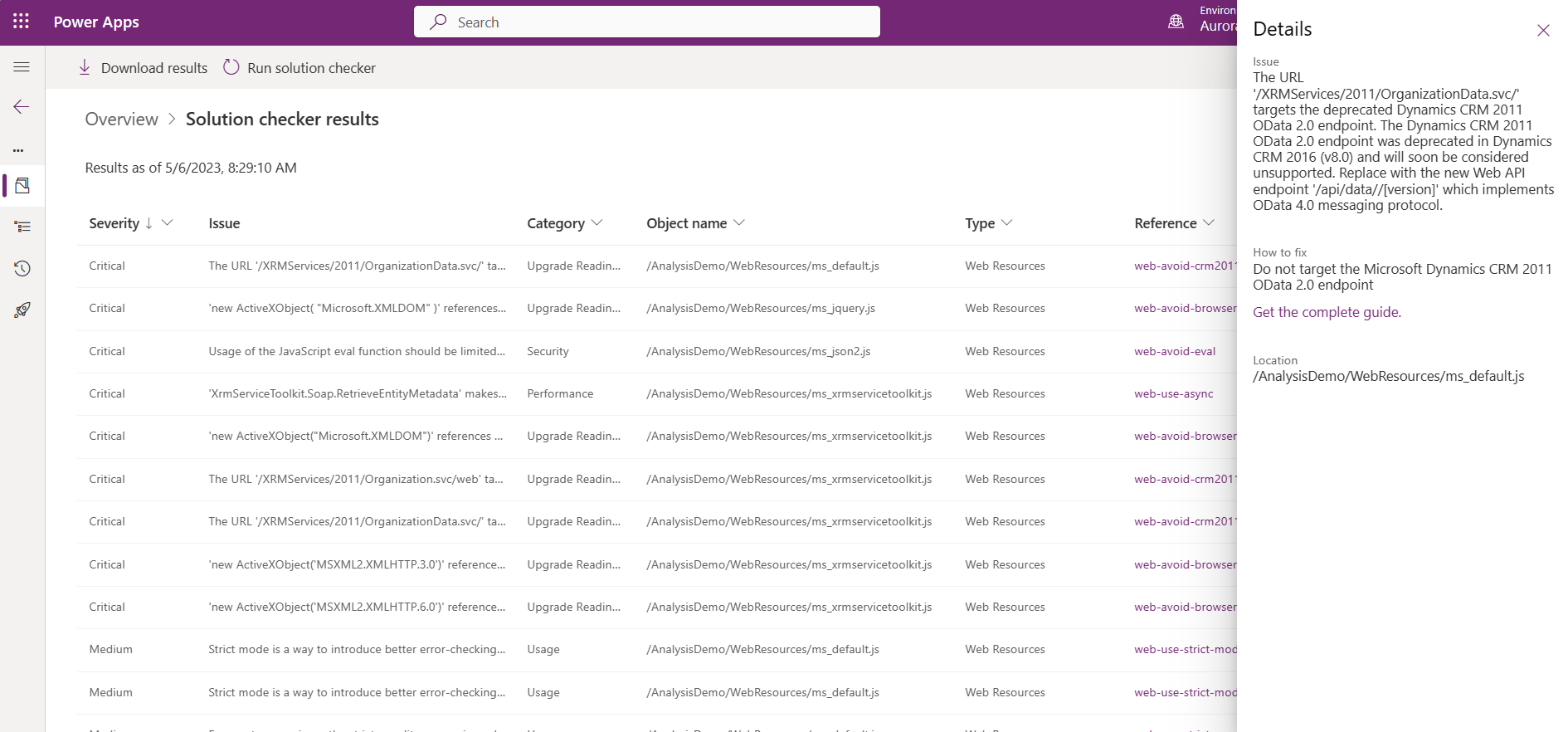 Solution checker view results.