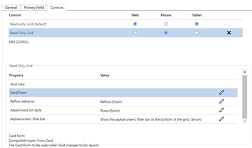 Change card form for the read only grid control