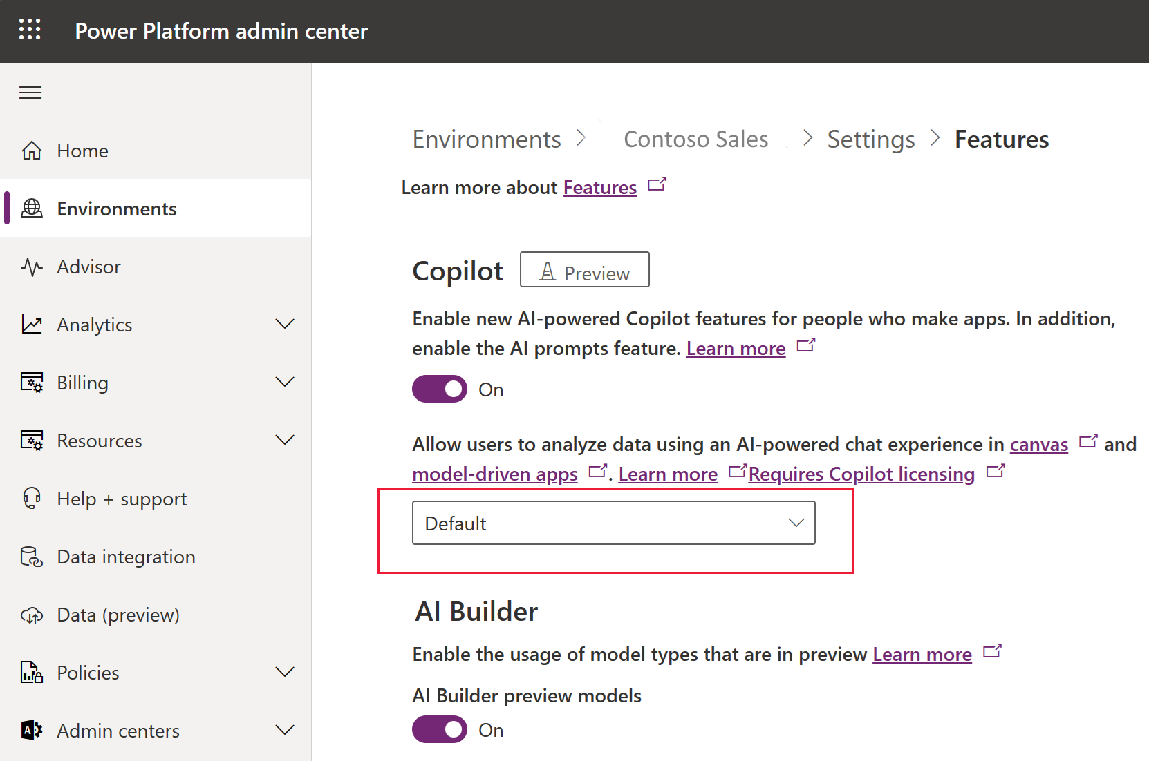 Set copilot feature Default for the environment