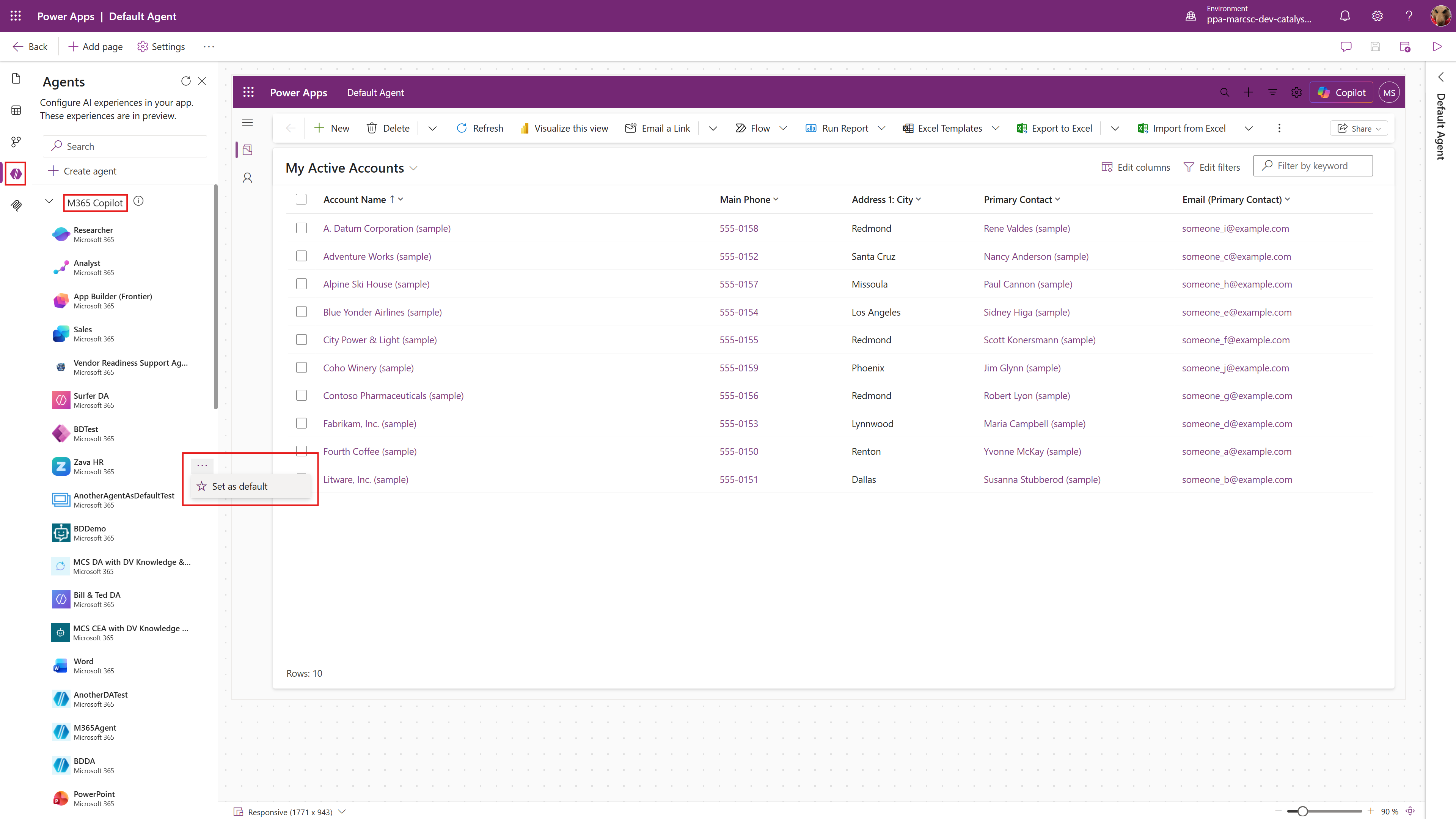 Screenshot that shows how to set a default agent for Microsoft 365 Copilot in your model-driven app.