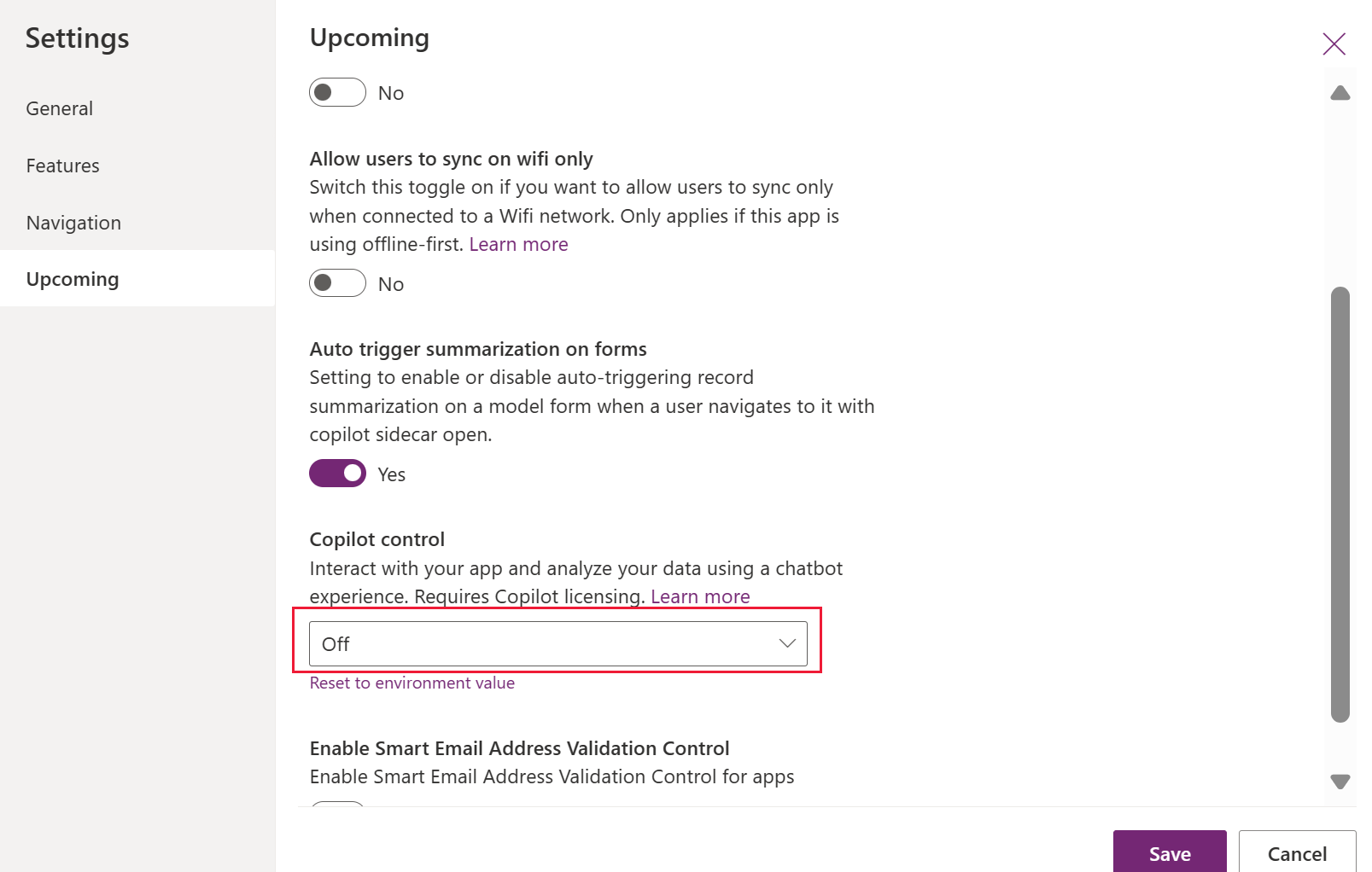 Screenshot that shows how to turn off Copilot in a model-driven app.