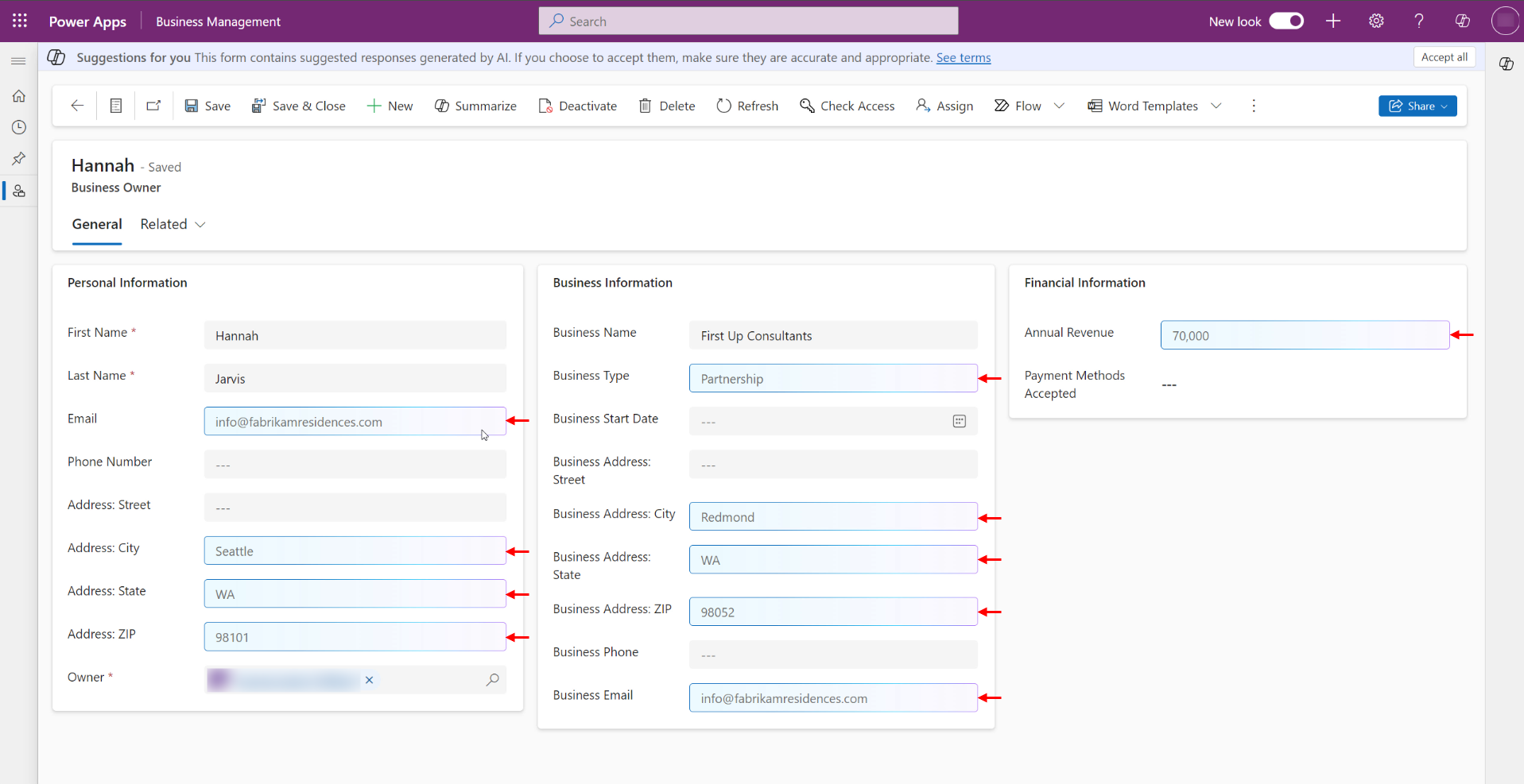 Screenshot that shows form fill suggestions being presented in a form.