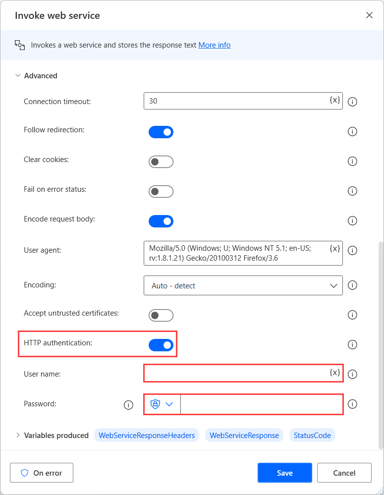 Screenshot of the advanced settings of the Invoke web service action.