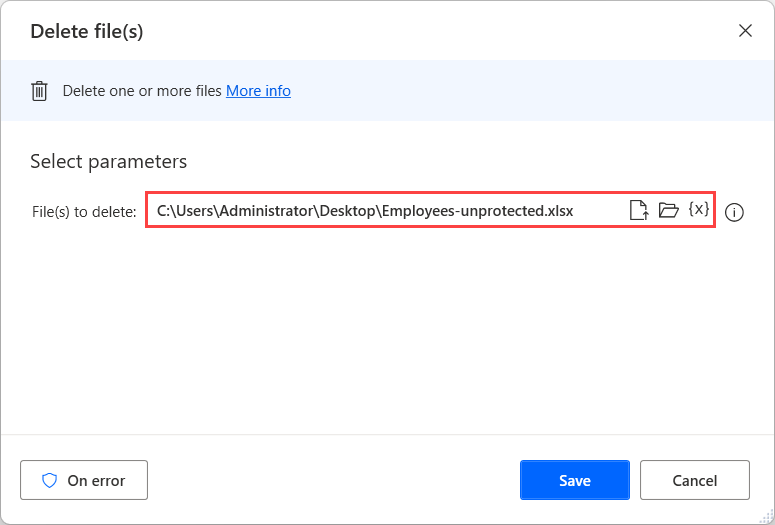 Screenshot of the Delete file(s) action.