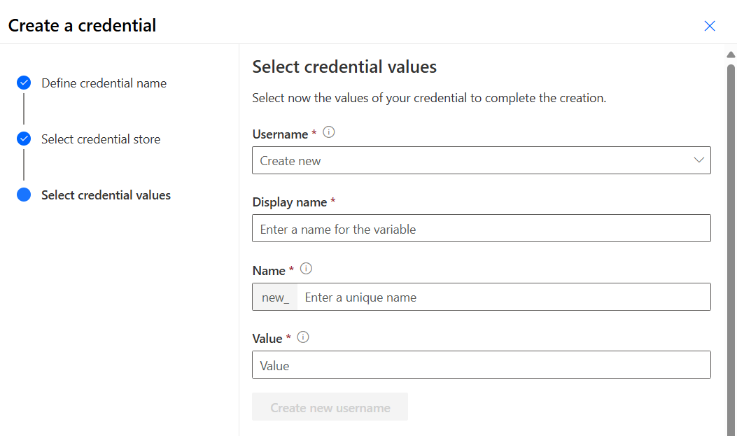 Screenshot of defining the username of the credential.
