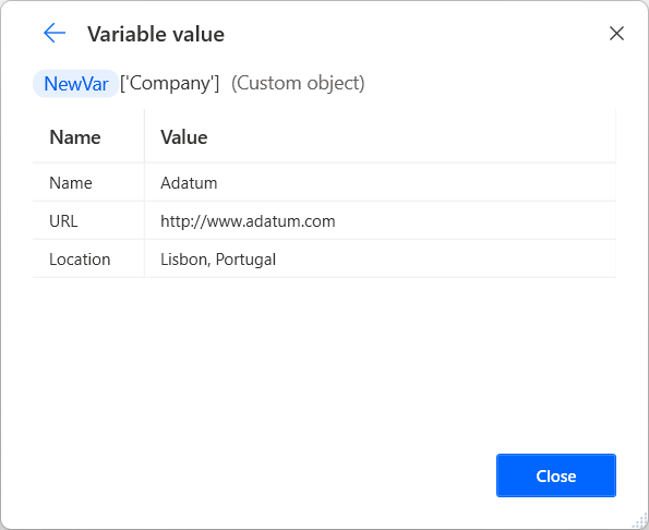 Screenshot of a child custom object example the variable value viewer.