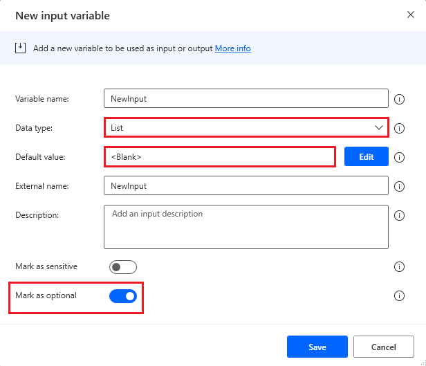 Screenshot of list input configuration to use blank as its default value.