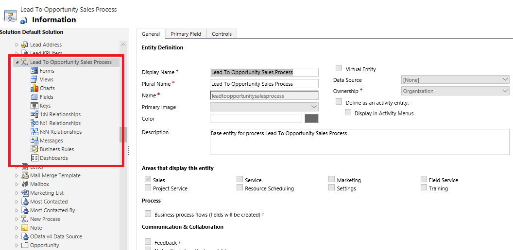 Solution Explorer with lead-to-opportunity process table.