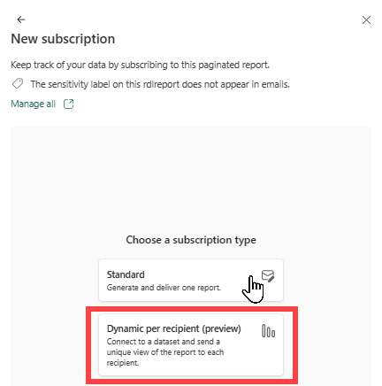 Screenshot of the Power BI service showing the New subscriptions screen and the option for Dynamic per recipient.