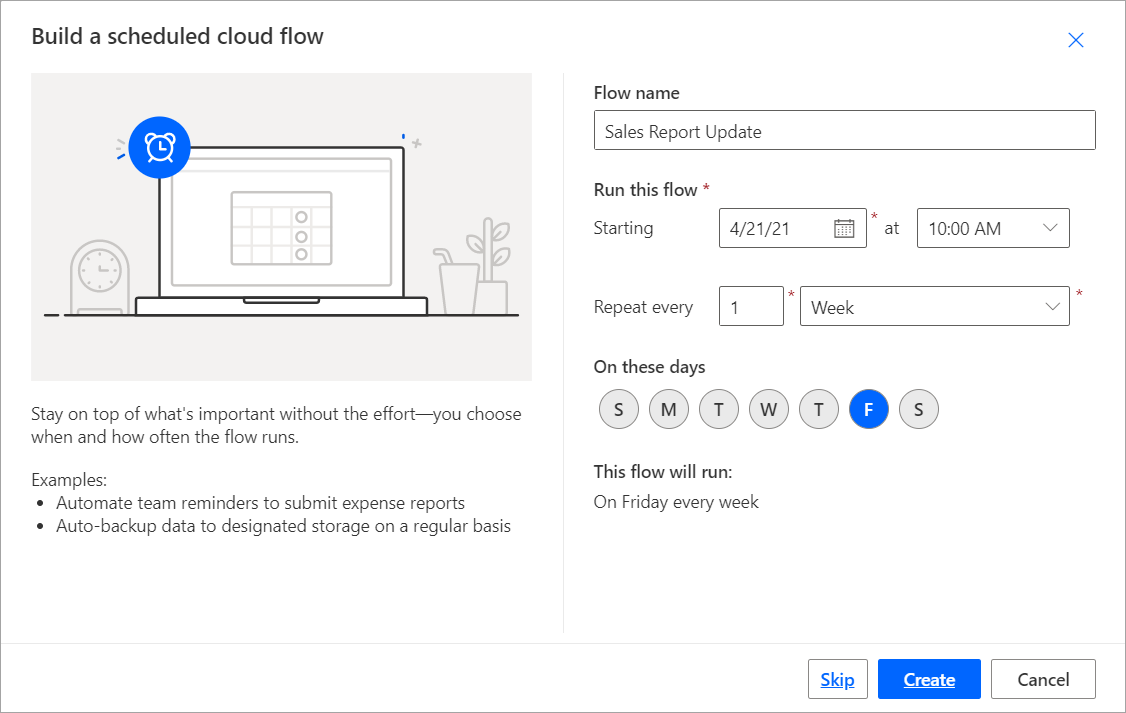 Screenshot showing the build a scheduled cloud flow dialog.