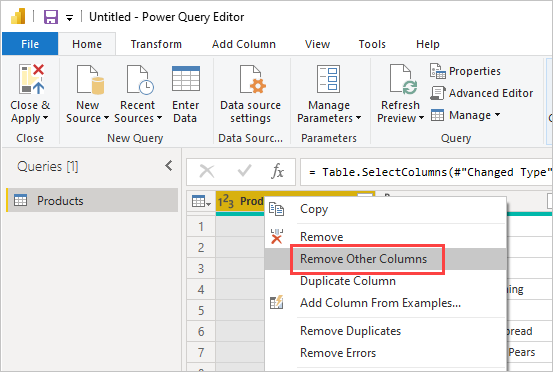Screenshot that highlights the Remove Other Columns option.