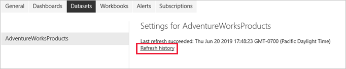 Screenshot that shows selecting the Refresh history link.