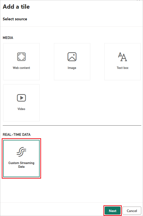 Screenshot of the Add a tile page, showing the Custom Streaming Data selection.