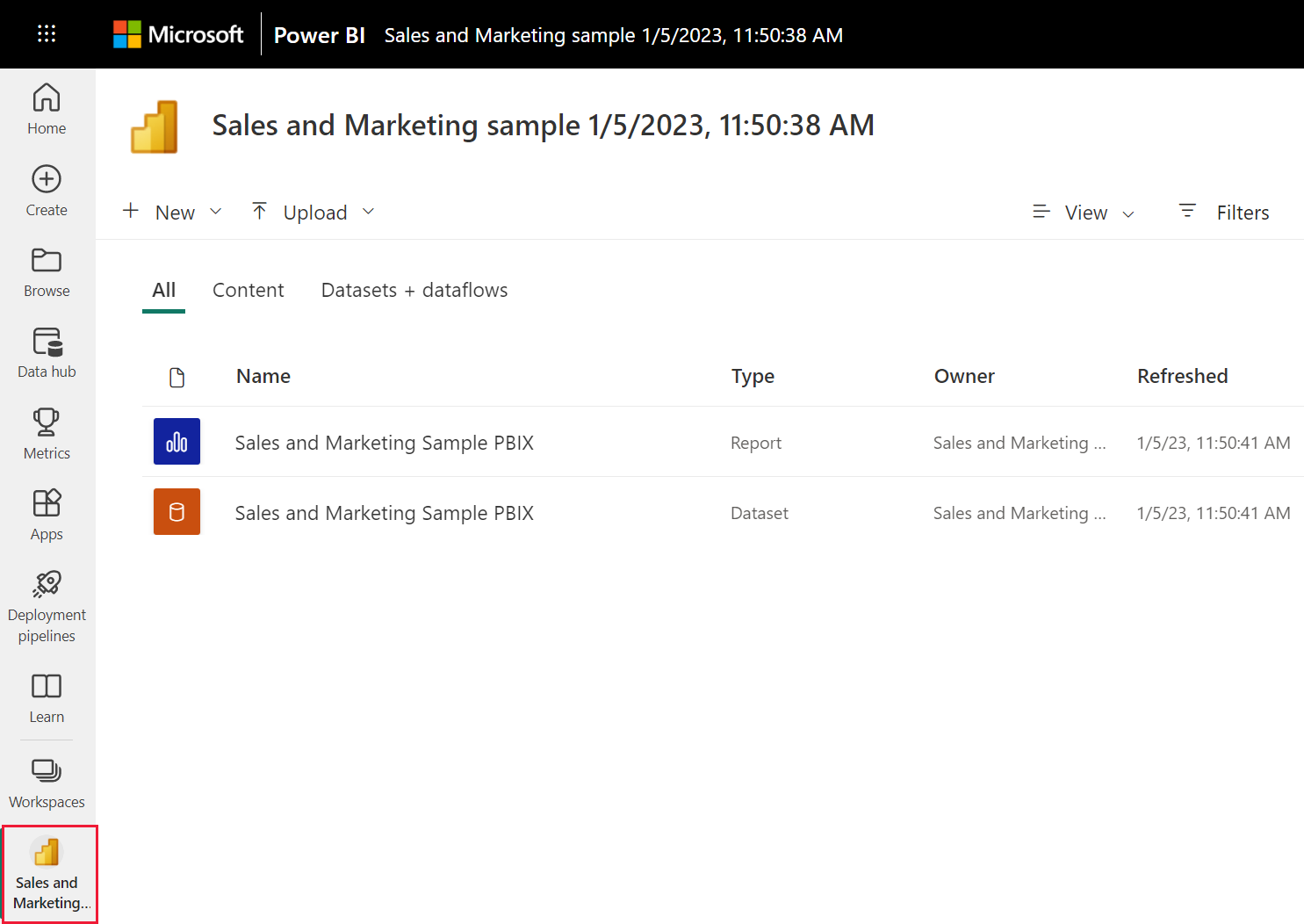 Screenshot of the Sales and Marketing workspace showing one report and one dataset.