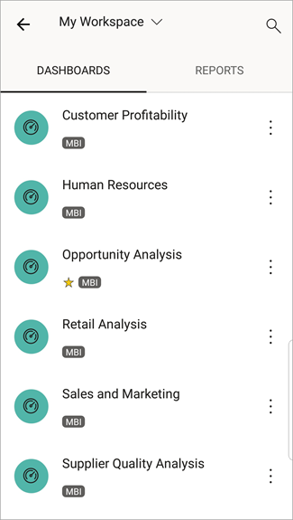 Screenshot shows an Android phone screen with My Workspace with DASHBOARDS selected.