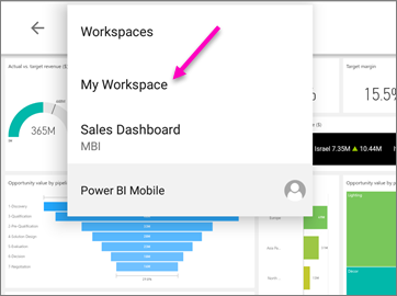 Screenshot shows the breadcrumb menu on an Android tablet with My Workspace called out.