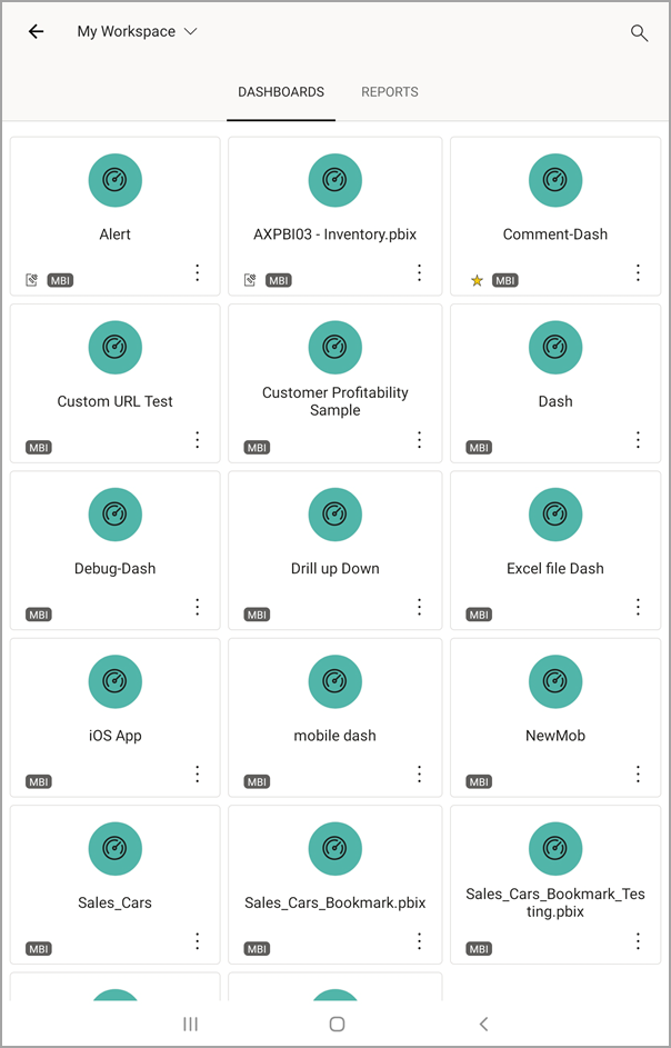 Screenshot shows an Android tablet screen with My Workspace with DASHBOARDS selected.