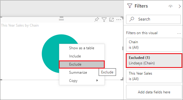 Screenshot of the Filters pane, highlighting the Exclude selection.