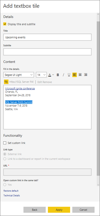 Screenshot of the Add textbox tile window.