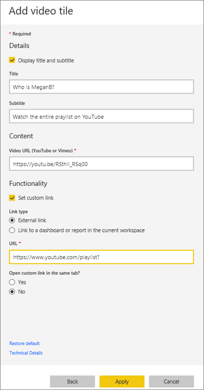Screenshot of the Add video tile window.