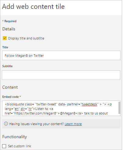 Screenshot of the Add web content tile window.