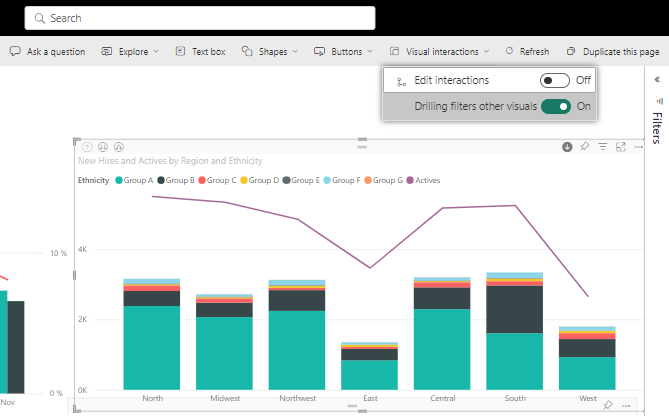 Screenshot of Power BI service that shows Drilling filters other visuals set to On.