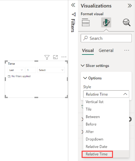 Screenshot showing the slicer with the Format pane and Relative Time selected.