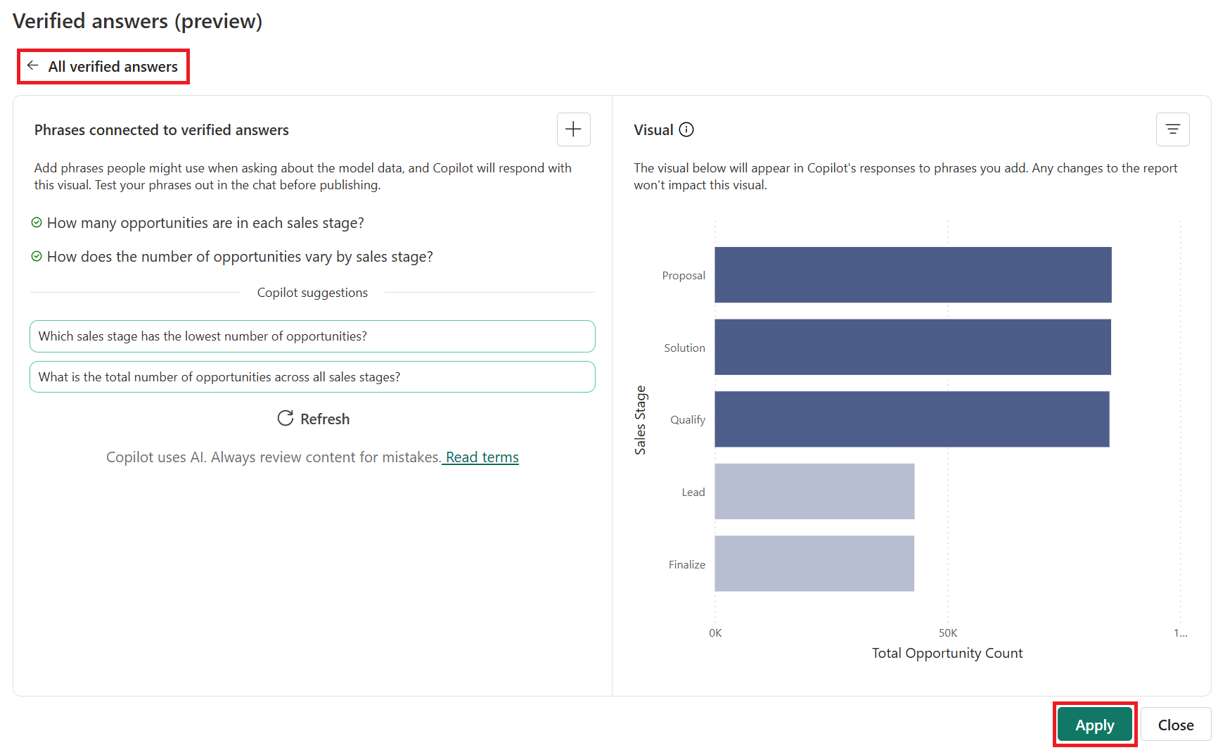 Screenshot of applying verified answers and returning to the all verified answers view.