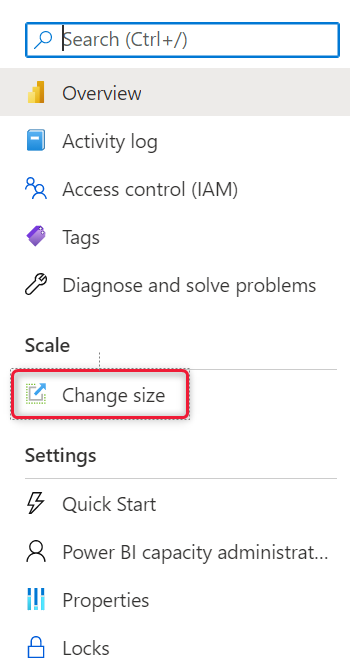 Screenshot of Change size option.