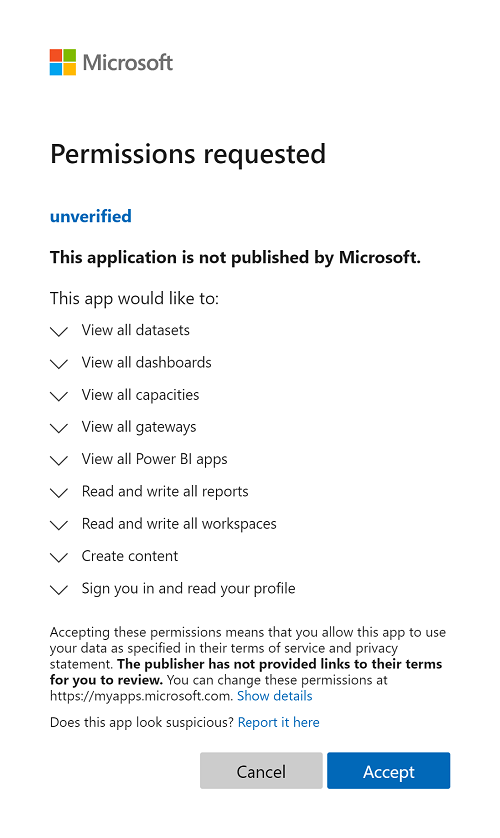 Screenshot showing the Microsoft permissions requested pop-up window which asks customers to grant permissions for accessing Power B I.