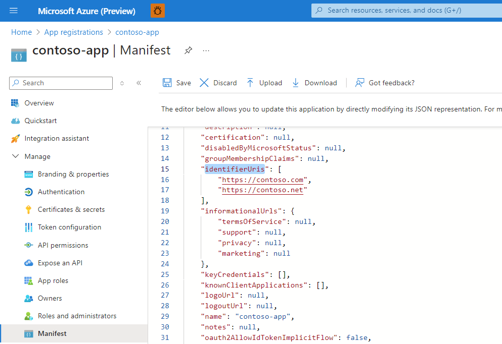 Screenshot showing an example of code for adding an application URI.