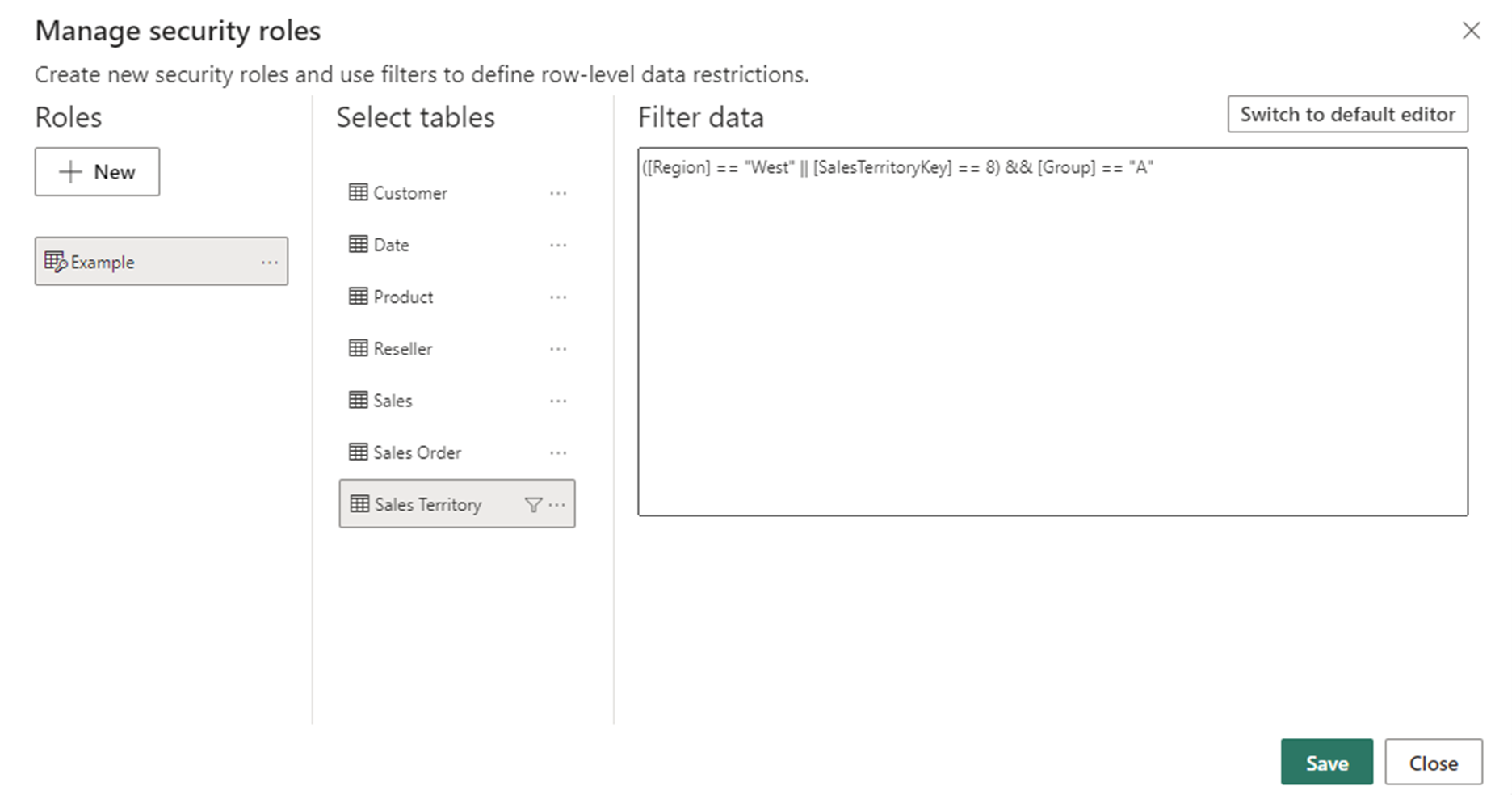 Screenshot of an example of using the dax editor in the enhanced row-level security editor.